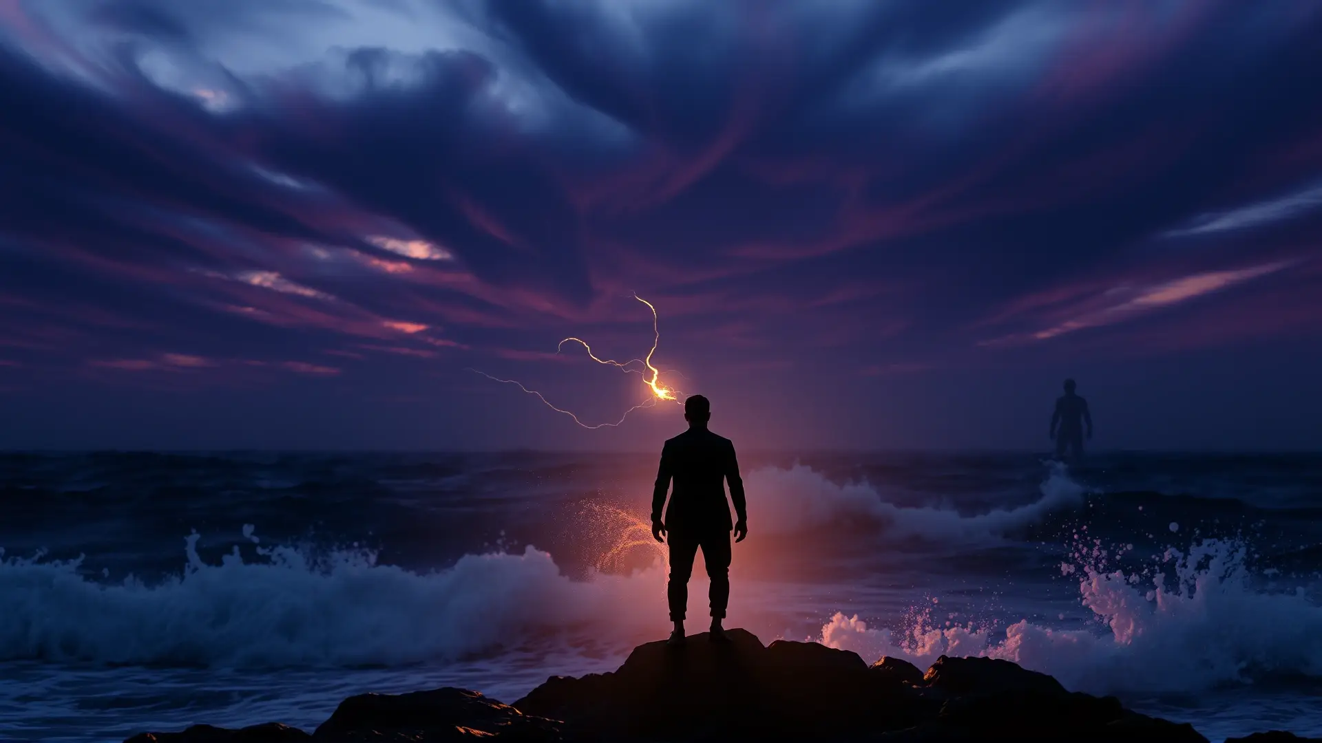 Silueta solitaria irradia energía en costa agreste