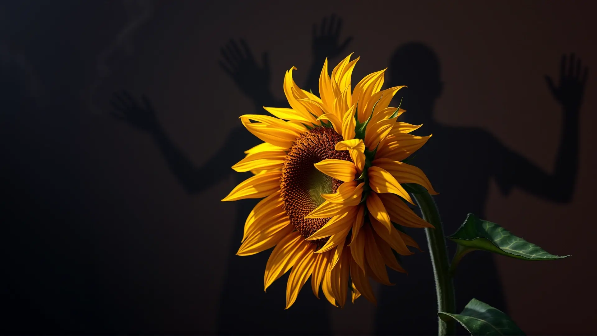 Un girasol se marchita ante seres sombríos