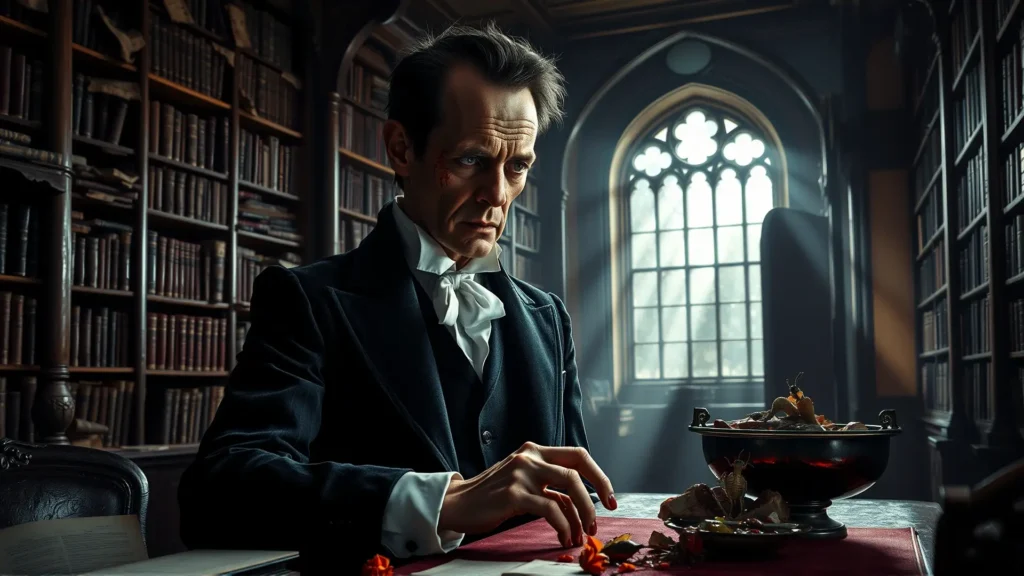 Un aristócrata demacrado observa con obsesión mórbida