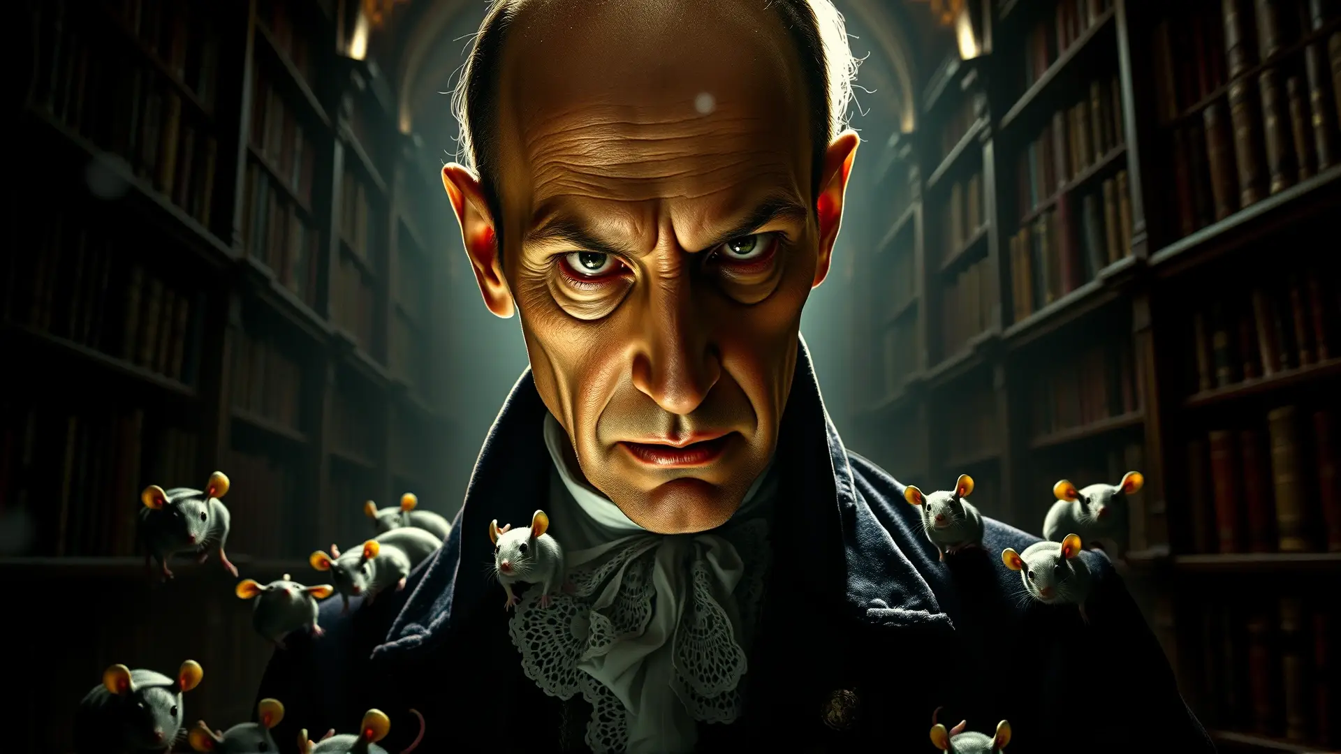Aristócrata melancólico rodeado de ratas en ruinas