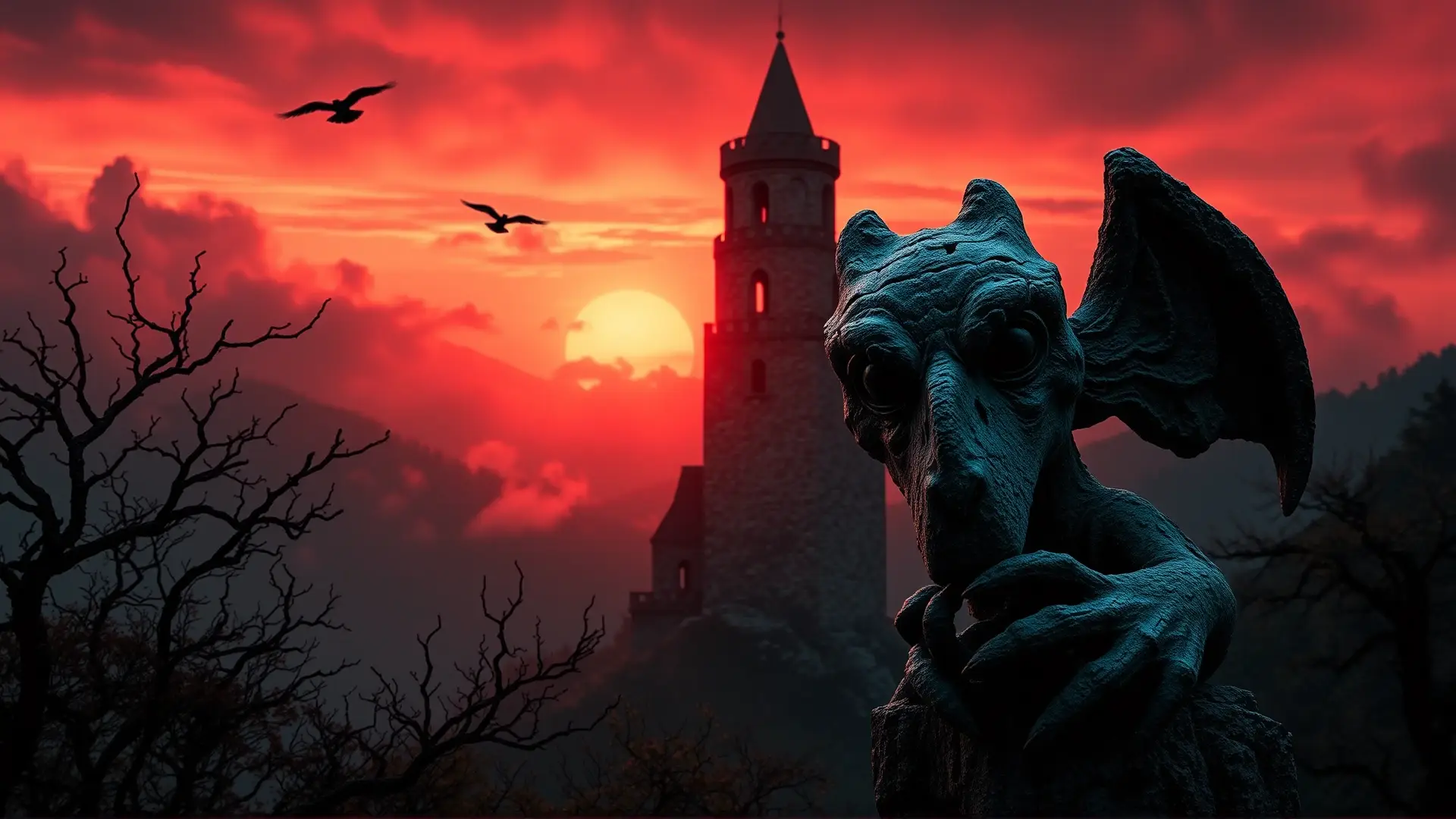 Torre gótica amenazante contra un atardecer sangriento